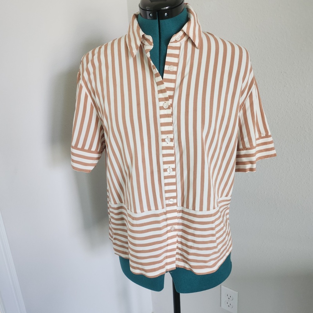 Jane + Delancey Button Down Womens Small Brown White Striped Box Cut Shirt